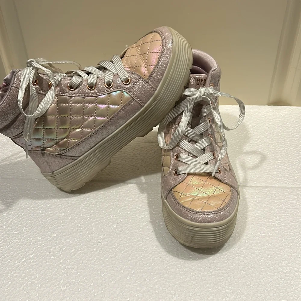 Skechers pink glittery quilt lace up/zip Hi Top platform sneakers women size 5